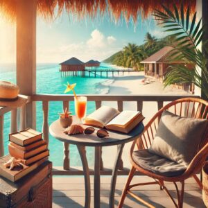 A serene balcony overlooking a beautiful beach, featuring a cozy setup for reading. The scene includes a small table with a stack of books, a tropical drink, a sun hat, sunglasses, and a seashell, all creating a relaxing vacation atmosphere. The ocean and a clear sky are visible in the background, enhancing the peaceful beach vibe.